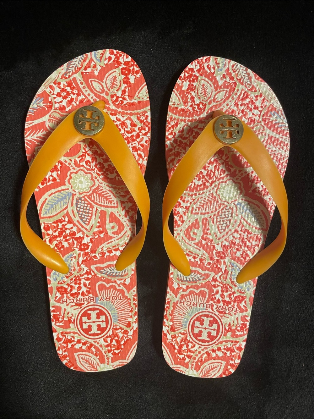 Tory Burch pretty orange color Strap logo on & bottom Floral Pattern Flip Flops